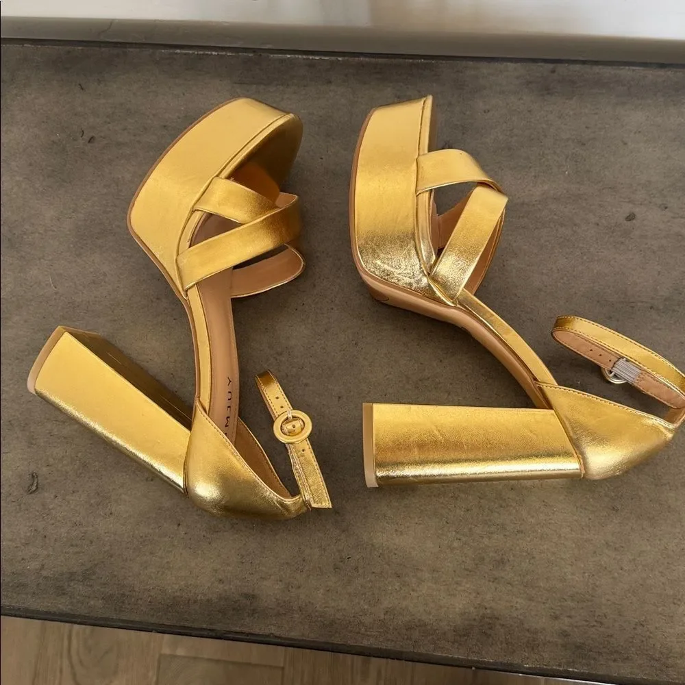 COMJUY Gold Metallic Platform Block High Heel Sandals Peep Toe Women's Size 8